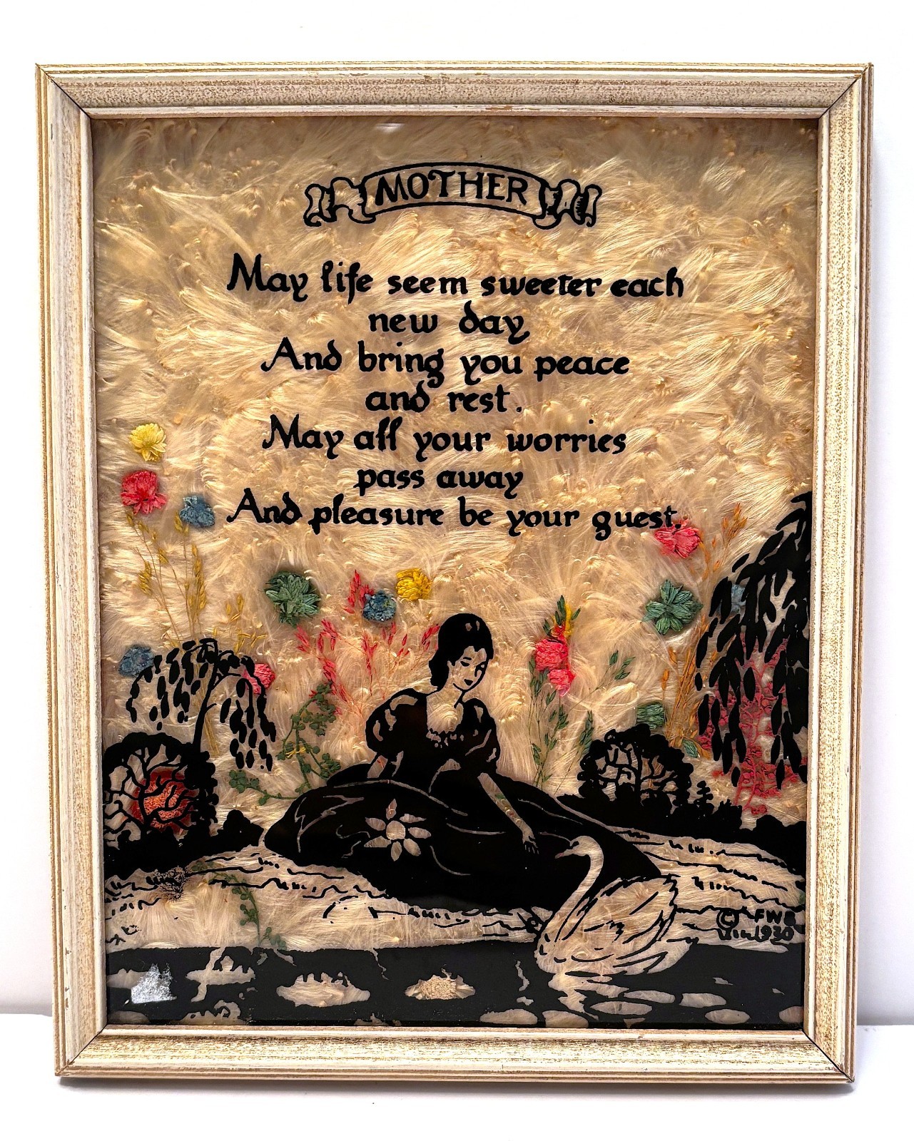 1930 Reverse Painted Silhouette Mother Poem w/ Dried Flower Background Signed 