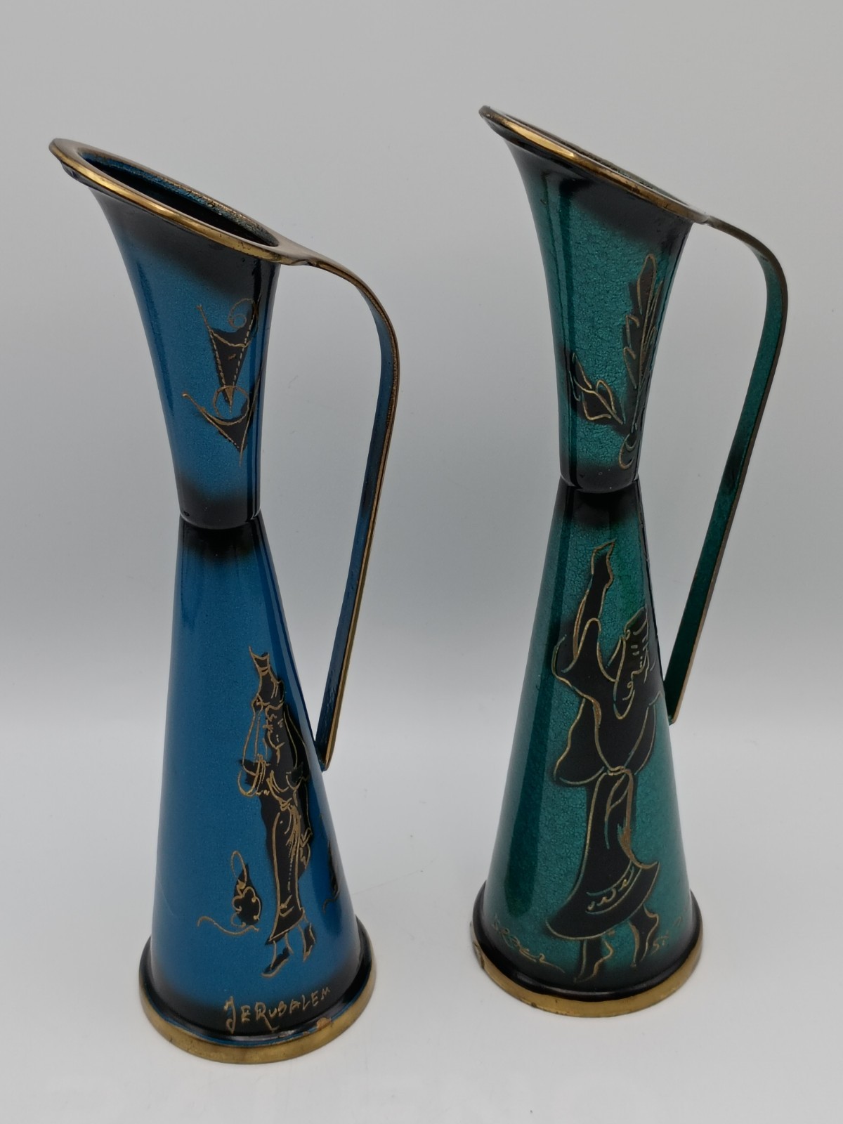 Vtg 2 Israel Brass Enamel Ewers Jerusalem Figures Hand Painted Blue Green