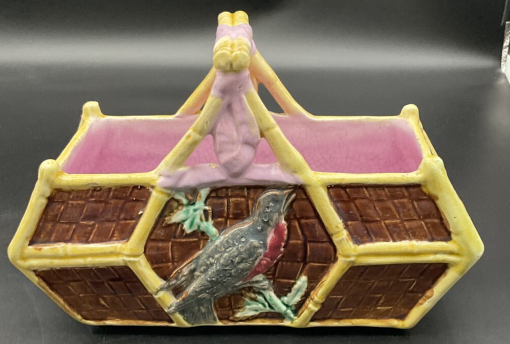 Majolica Brown Pink and Yellow Handled Rectangle Basket with Bird on Side