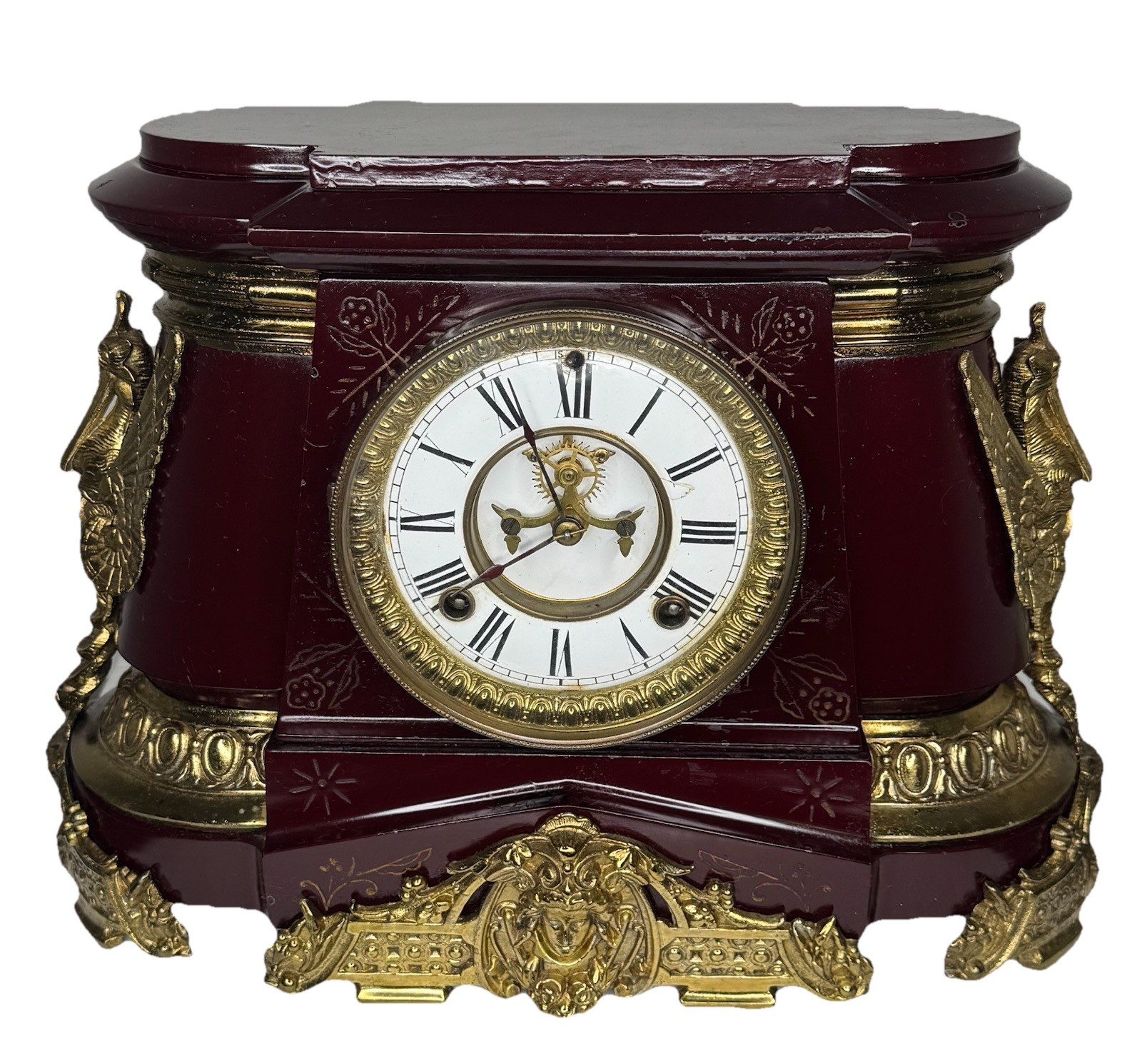 Antique Burgundy 1904 Ansonia POMPEII Enameled Iron Mantle Clock Fully Serviced Antique Burgundy 1904 Ansonia POMPEII Enameled Iron Mantle Clock Fully Serviced