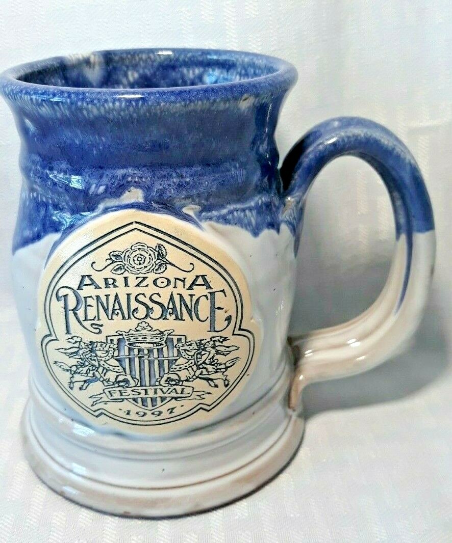 Arizona Renaissance Festival 1997 mug pottery stoneware drip glaze blue EUC