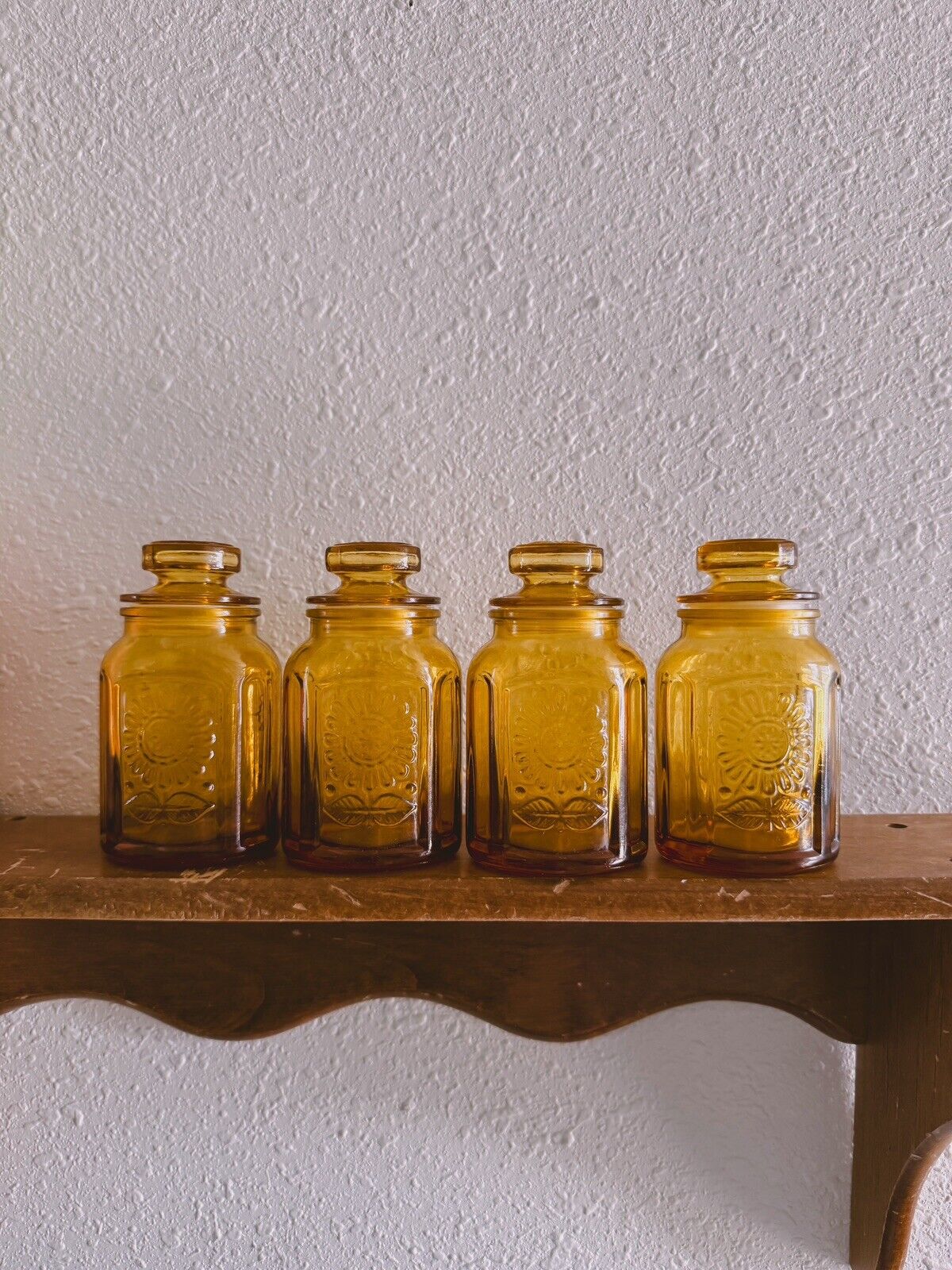 Wheaton NJ Amber Glass Embossed Sunflower Canisters Jars Set of 4 Vintage 1970s
