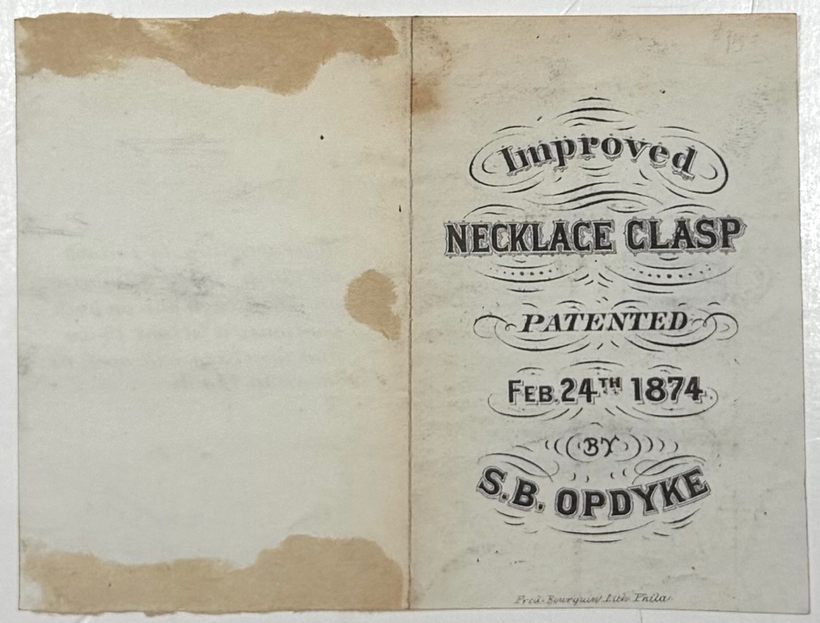 1874 IMPROVED NECKLACE CLASP OPDYKE PATENT 147965 BOURQUIN INSTRUCTION CARD RARE