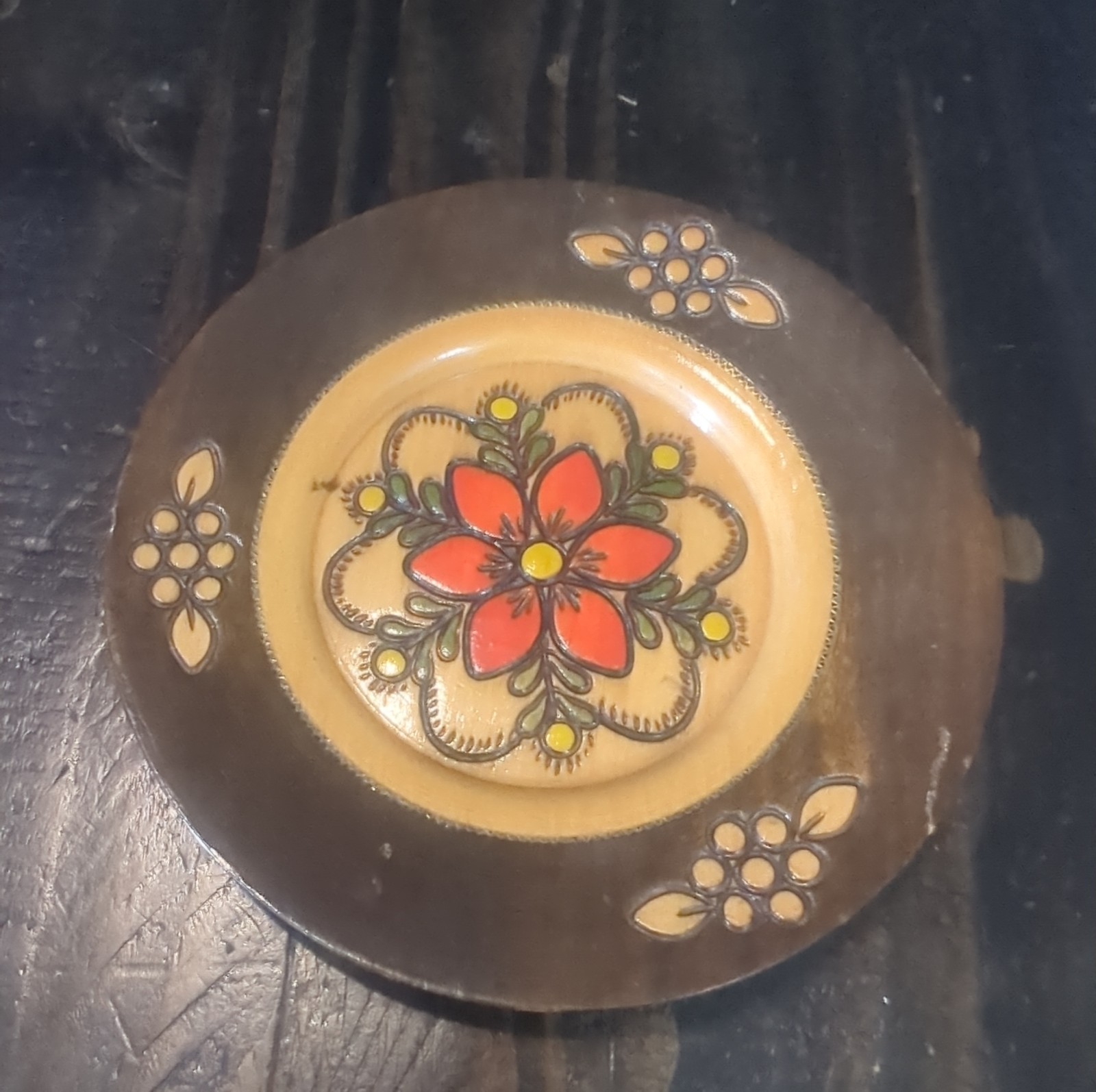 Vintage Polish Folk Art Hand Carved Wood Wall Hanging Plate 5.75