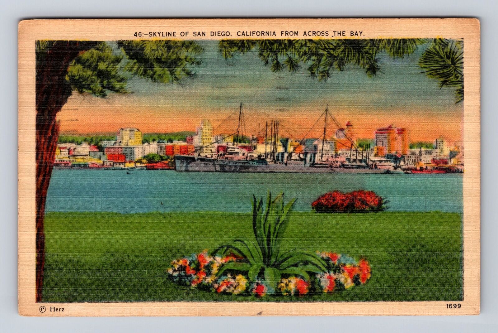 San Diego CA-California, Skyline Across The Bay, Antique Vintage c1946 Postcard