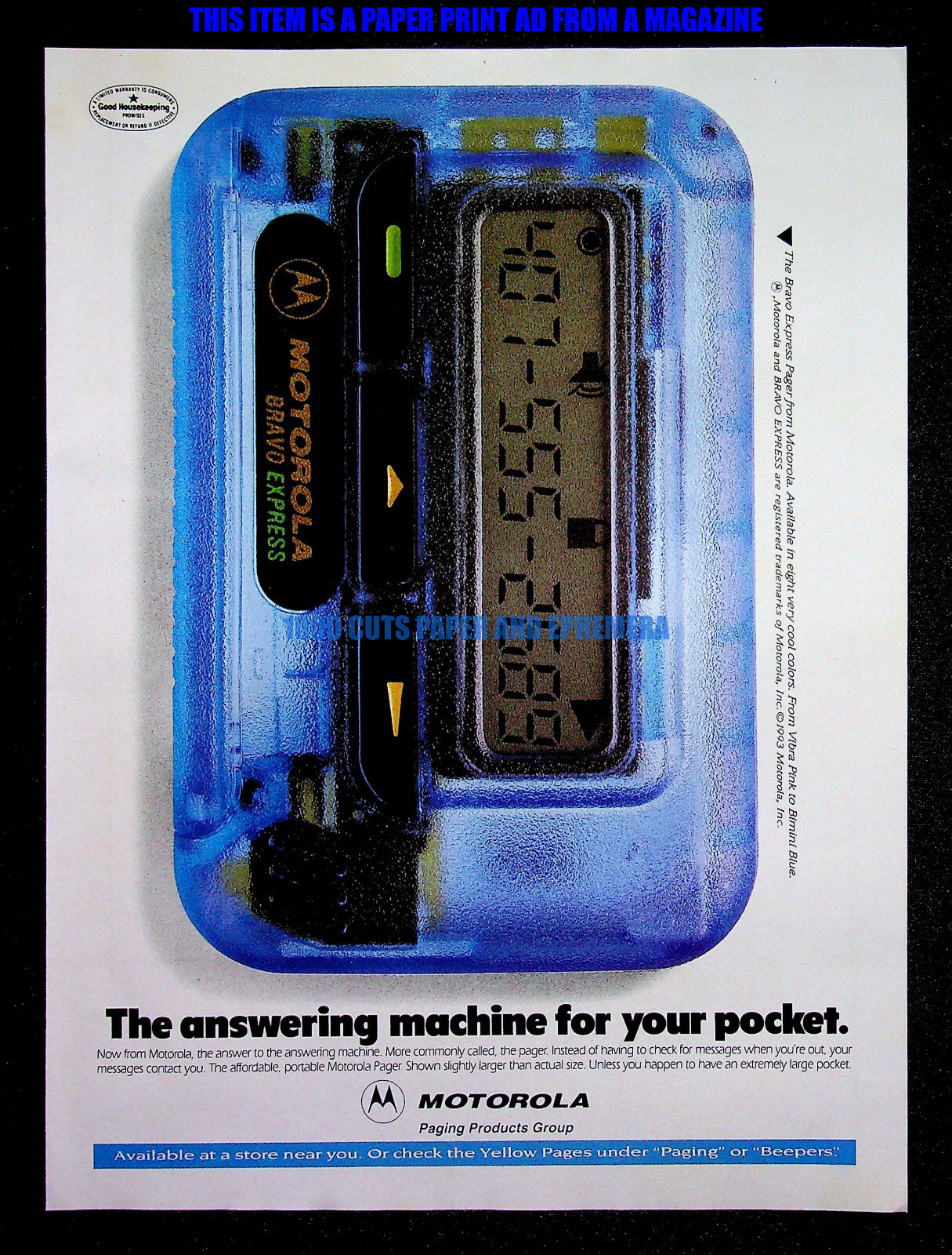 Motorola Bravo Express Beeper Pager 1993 Trade Print Magazine Ad Poster ADVERT