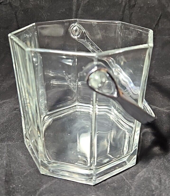 Elegant Vintage Crystal Octagon Ice Bucket Chrome Handle Marked France