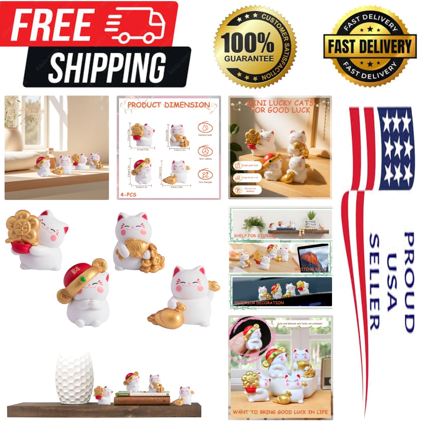 4 Adorable Fortune Cat Figurines – Miniature Charms for Luck & Prosperity