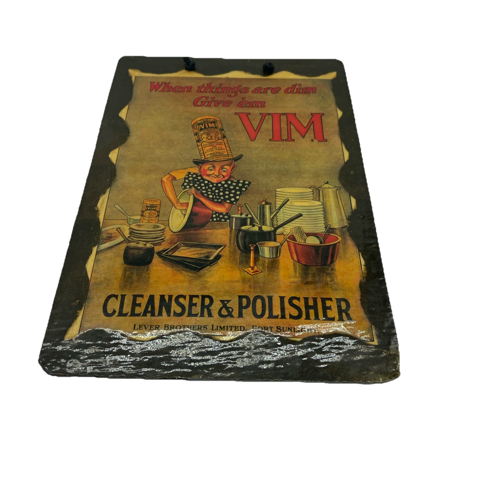 Vintage Handcrafted Decoupage Welsh Slate Picture - Vim Cleanser & Polisher VGC Vintage Handcrafted Decoupage Welsh Slate Picture - Vim Cleanser & Polisher VGC