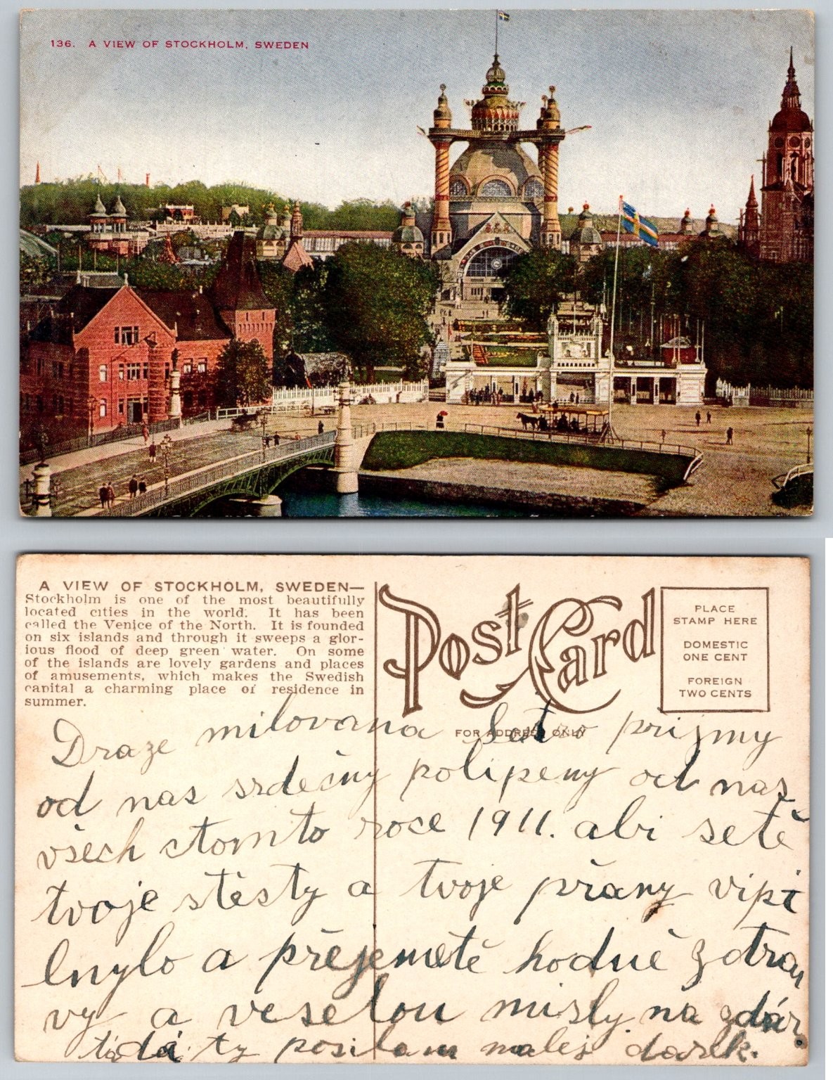1911 Old Stockholm Sweden Panoramic View Cityscape Postcard Bridge & Buildings