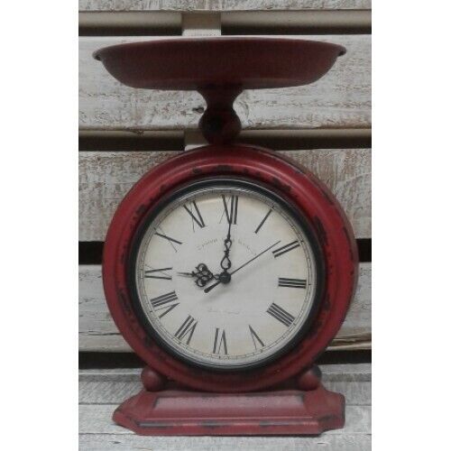 New Primitive Farmhouse Antique Style AGED RED SCALE CLOCK Candle Holder Dish