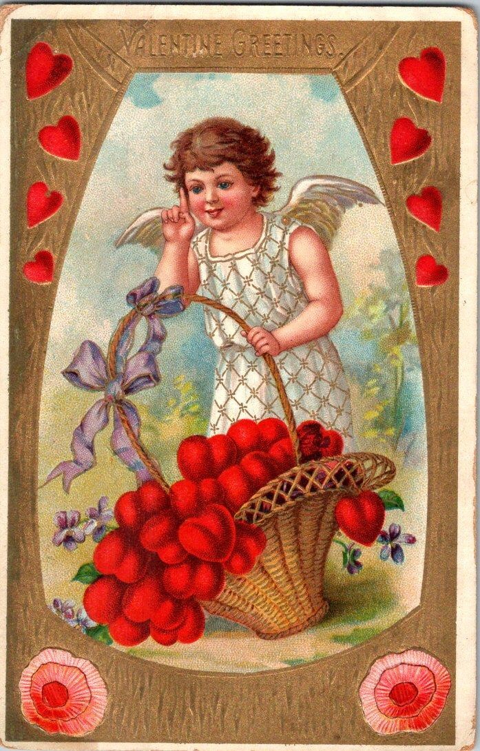 1907-10s VALENTINE GREETINGS CHERUB BASKET of HEARTS EMBOSSED VICTORIAN POSTCARD