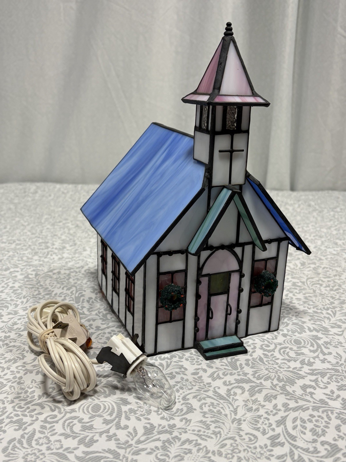 Vintage Stained Glass Steeple Church Lamp - Christmas Wreaths Light Up