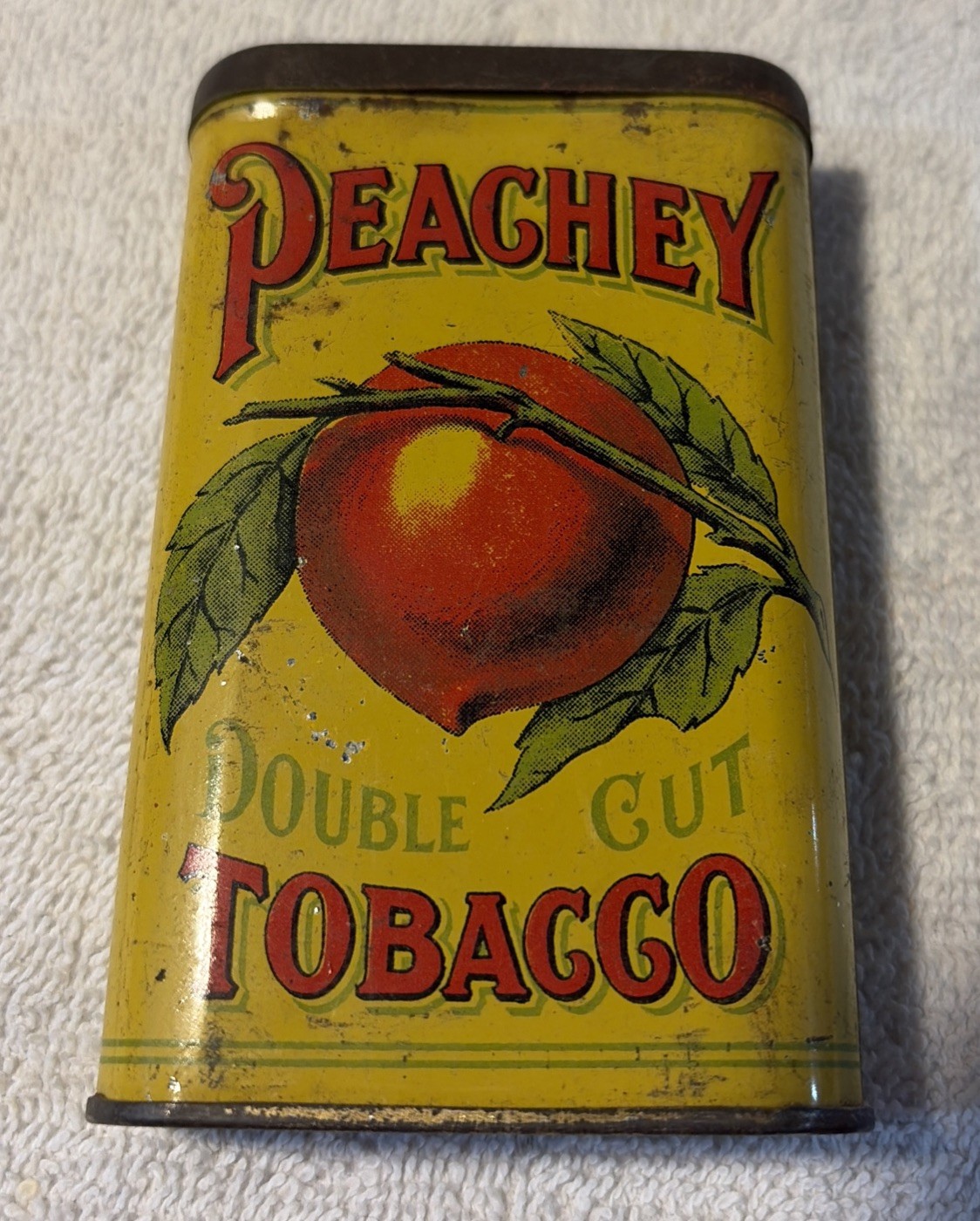 VINTAGE ADVERTISING  EMPTY PEACHEY VERTICAL  POCKET TOBACCO TIN GREAT CONDITION