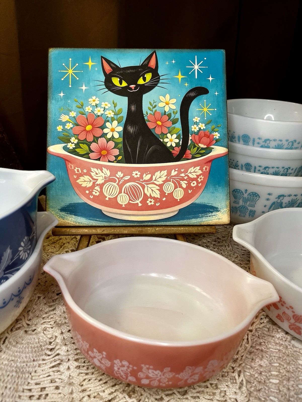 Pyrex Bowl, Black Kitty Cute & Kitschy Handcrafted Plaque / Sign #1