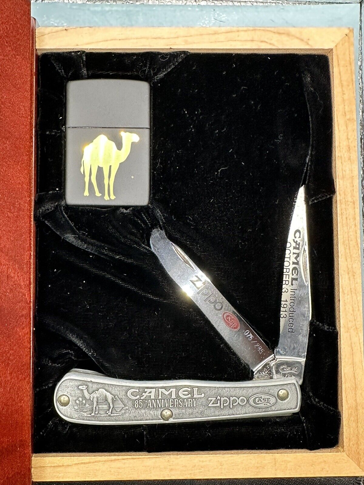 Limited Edition Camel 85th Anniversary Case Knife & Zippo Set New In Wooden Box