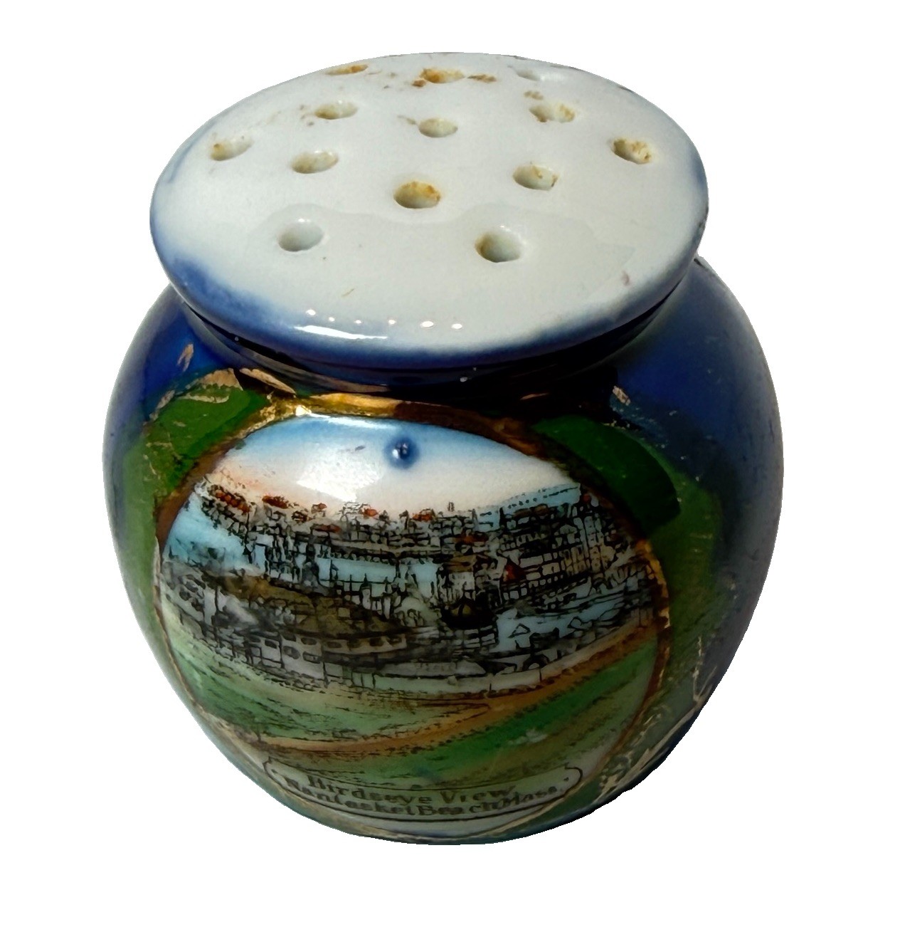 NANTASKET BEACH MA Massachusetts Souvenir VIEW Porcelain SHAKER COBALT TRINKET