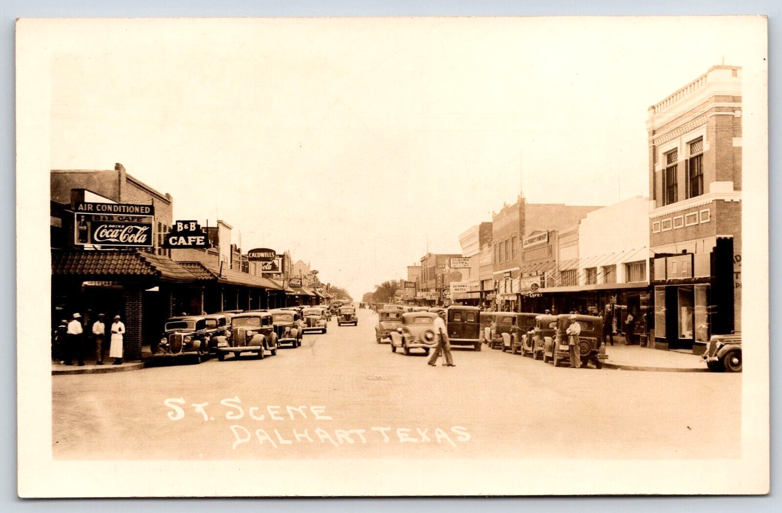 RPPC 1940's Street Scene Dalhart Texas Coca-Cola Caldwell's B&B Cafe Cars A37