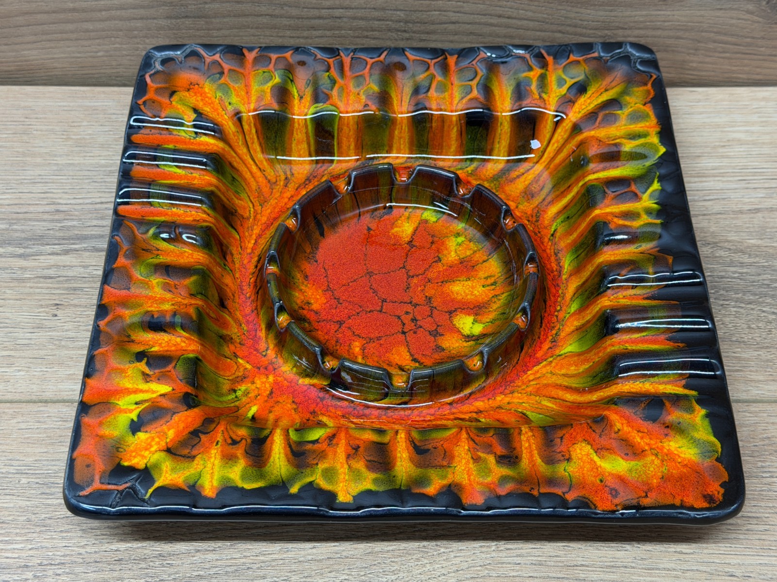 Vintage MCM Beard Mfg Co #2 Ceramic Ashtray Lava Drip Glaze Orange Red Fire