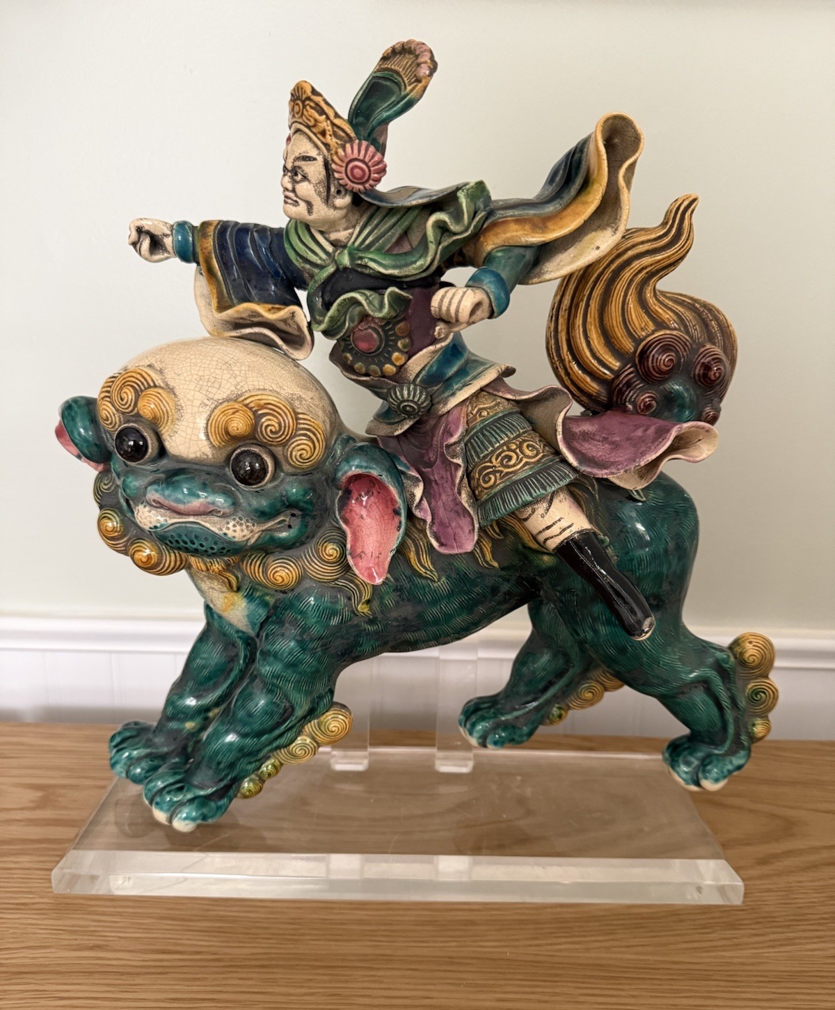 Chinese Polychrome Glazed Roof Tile Warrior Riding Foo Dog Figurine Chinese Polychrome Glazed Roof Tile Warrior Riding Foo Dog Figurine