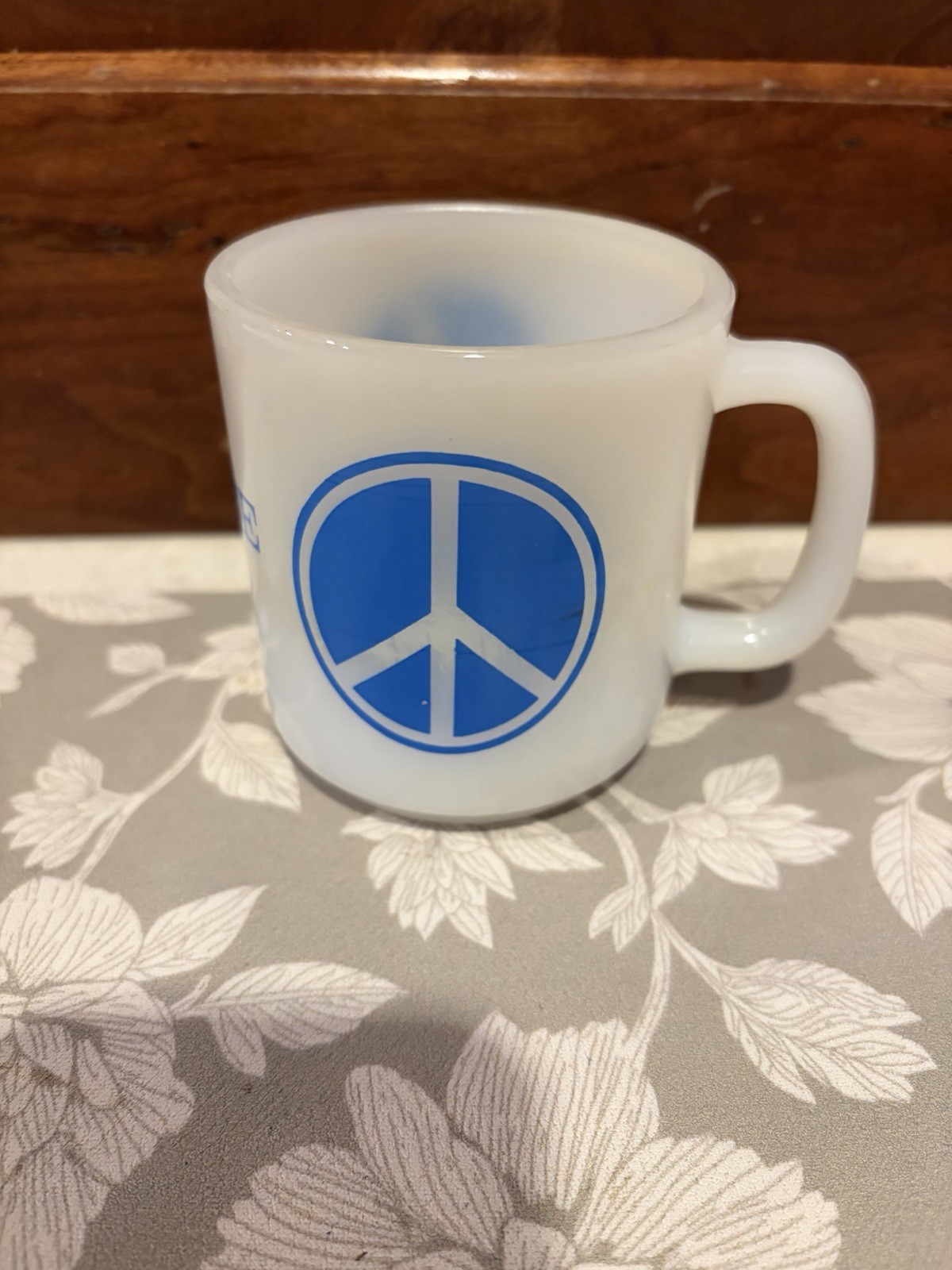 1970\'s PEACE Sign and Dove in Blue Milk Glass Coffee Mug