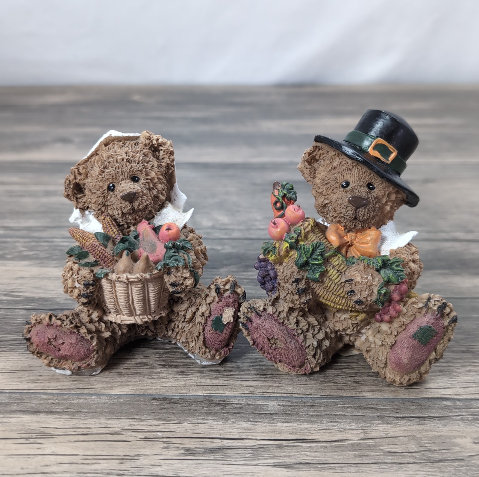 VTG Fall Harvest Pilgrim Teddy Bear Figurine Resin Brown Autumn Thanksgiving 4\