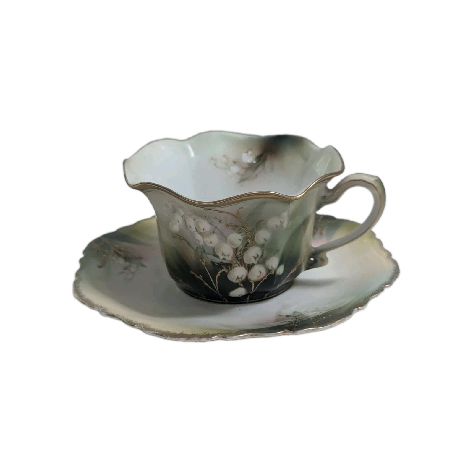 Antique RS Prussia Fine Porcelain Lily Of The Valley Tea Cup & Saucer Gold Gilt 