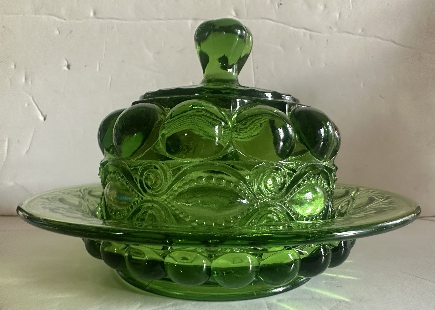 Vintage Mosser Green Glass Eye Winker Pattern Covered Butter Dish W/ Lid Rare
