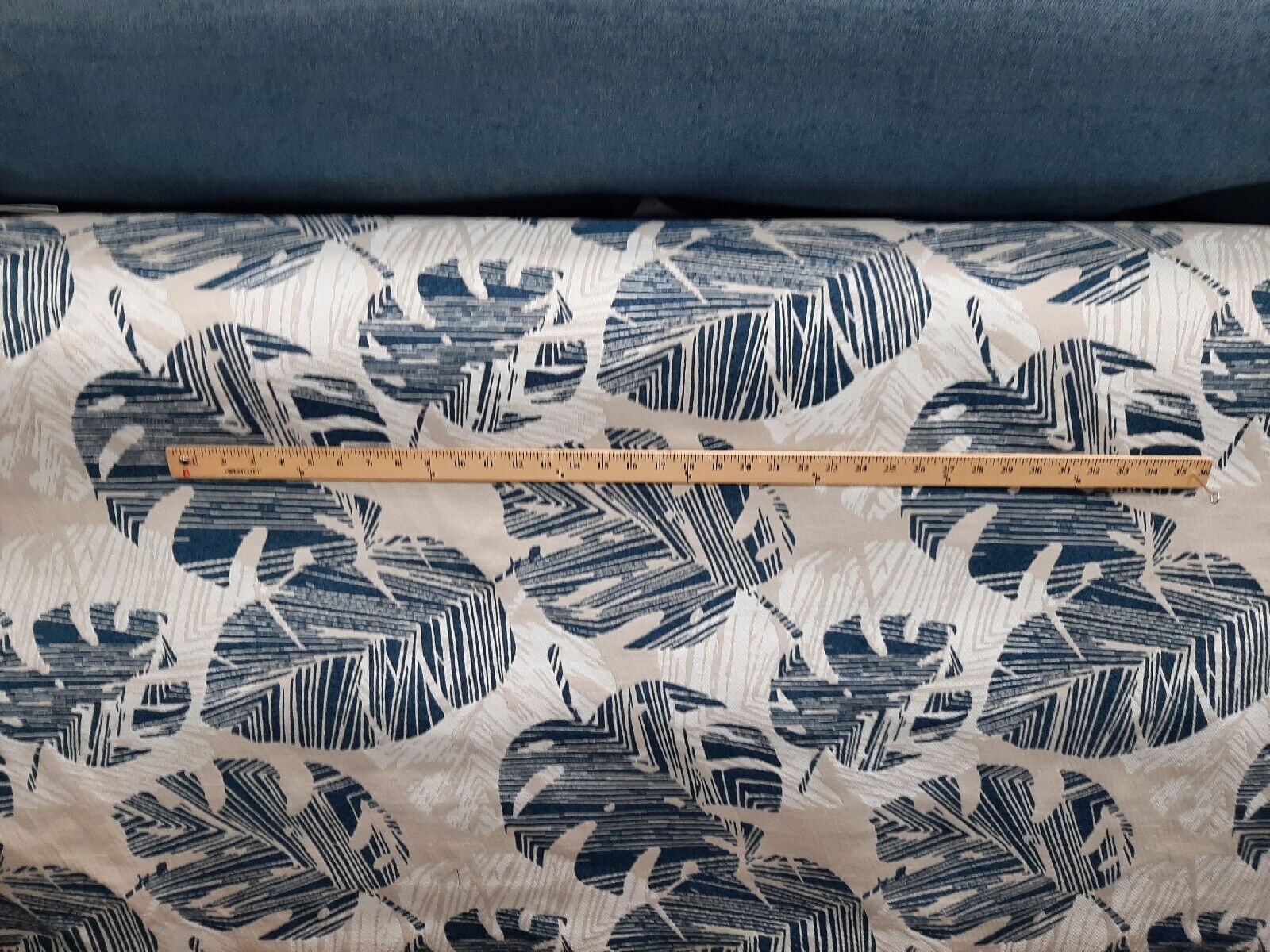 Dark Blue and beige TROPICAL Palm Leaves heavy  Upholstery  Fabric