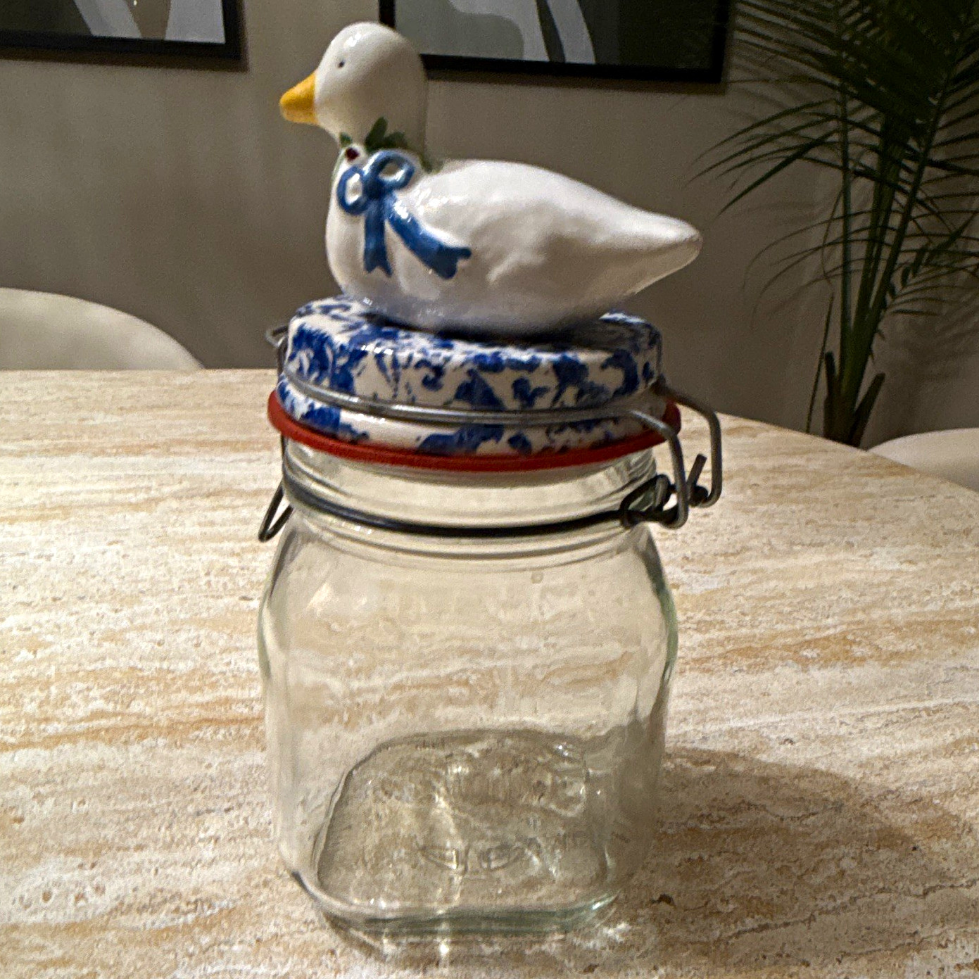 Kilner Square Clear Glass Canning Jar Floral Pattern w/ Ceramic Duck Lid England Kilner Square Clear Glass Canning Jar Floral Pattern w/ Ceramic Duck Lid England