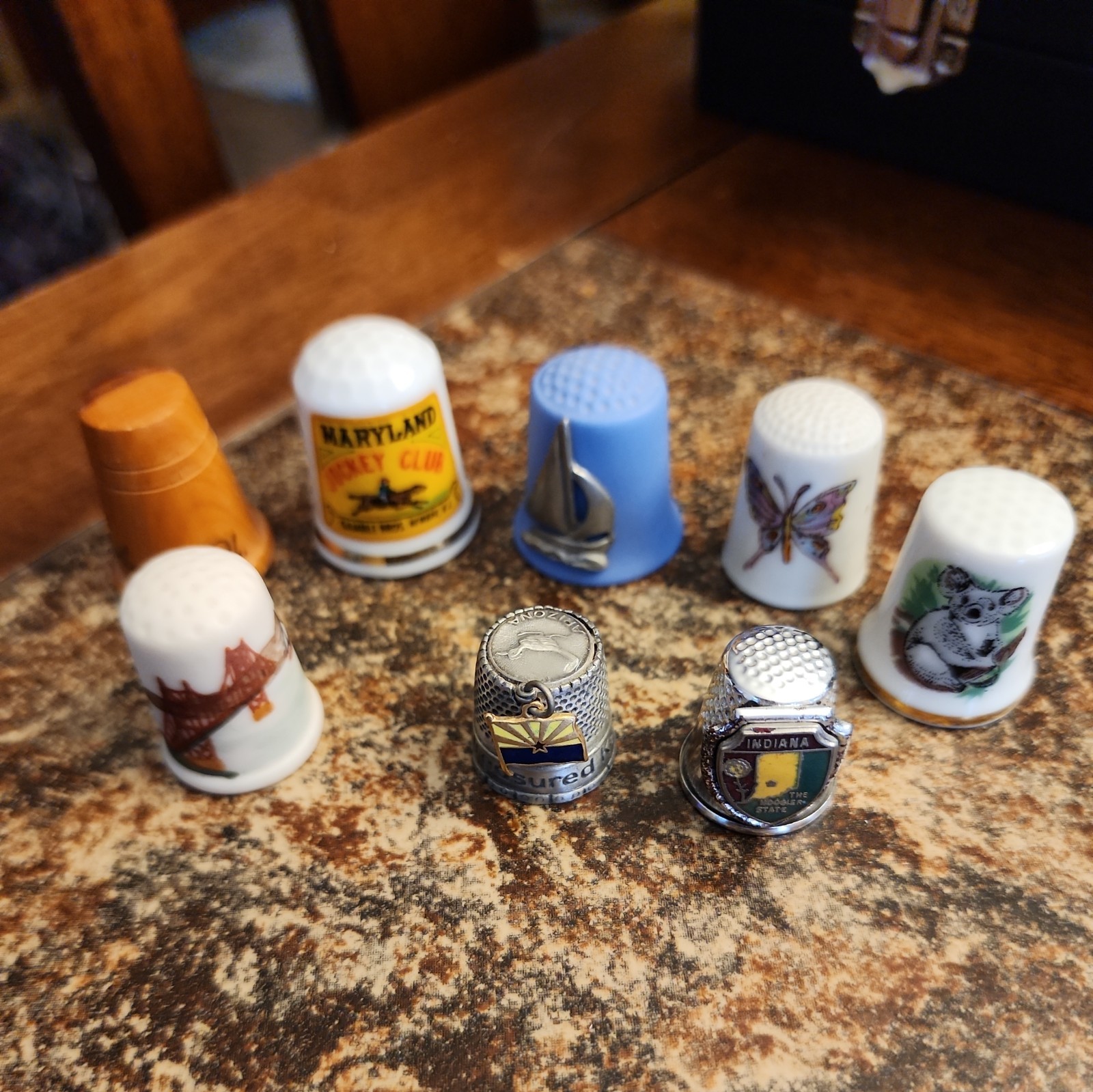 Vintage US State Souvenir Thimble Lot  Wood, Metal, Maryland Jockey Club, Ohio