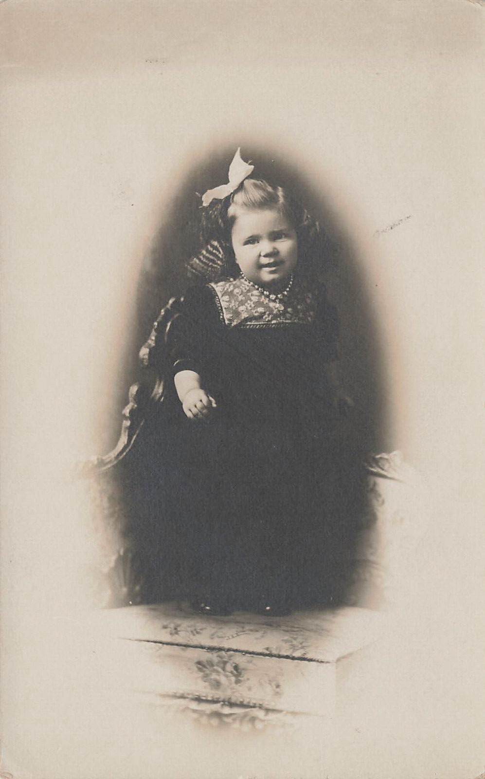 LITTLE GIRL ETHEL STANDING N CHAIR STUDIO PORTRAIT REAL PHOTO POSTCARD 1910 RPPC