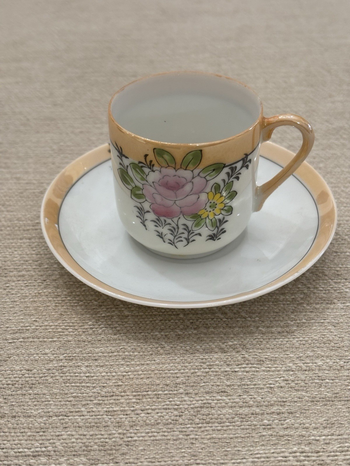 Peach and White Floral Lusterware Demitasse Tea Cup and Saucer Occupied Japan