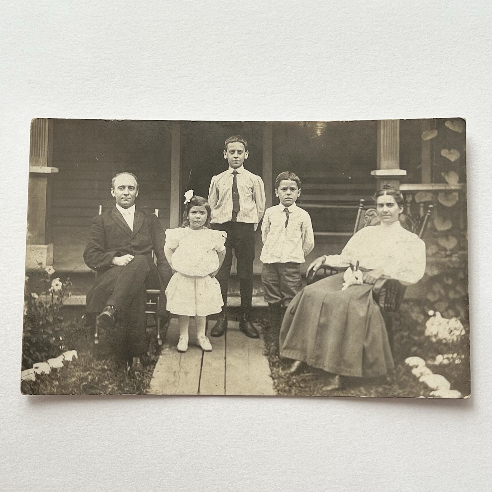 Antique RPPC Real Photograph Postcard Man Adorable Children Women Rabbit In Lap