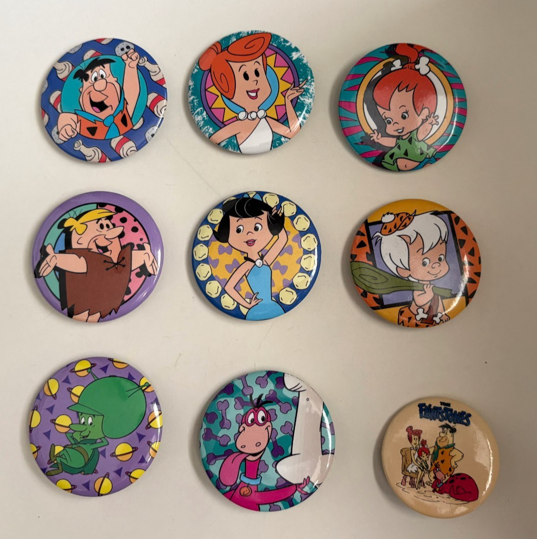 Lot of 9 Vintage 1985, 1994 BUTTON PINS Flintstones, Rubbles, Dino & Gazoo