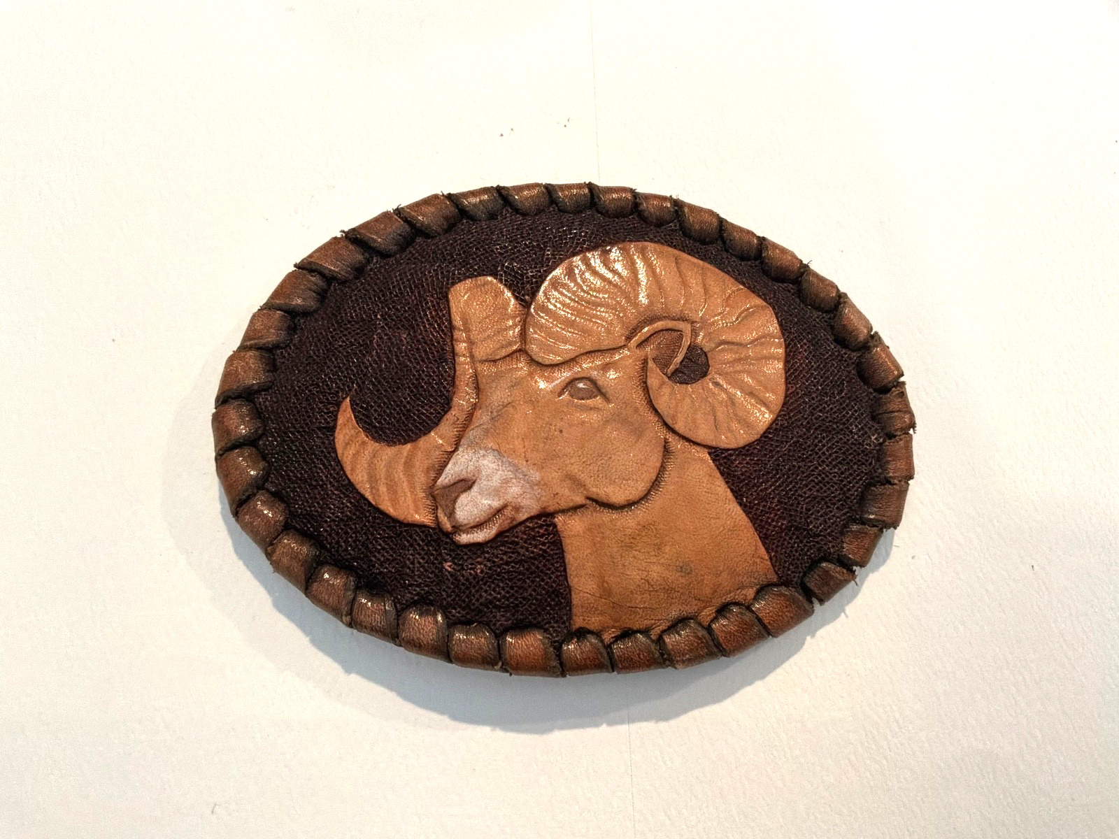 Handcrafted By Kathy Schultz Brown Leather Ram Oval Belt Buckle