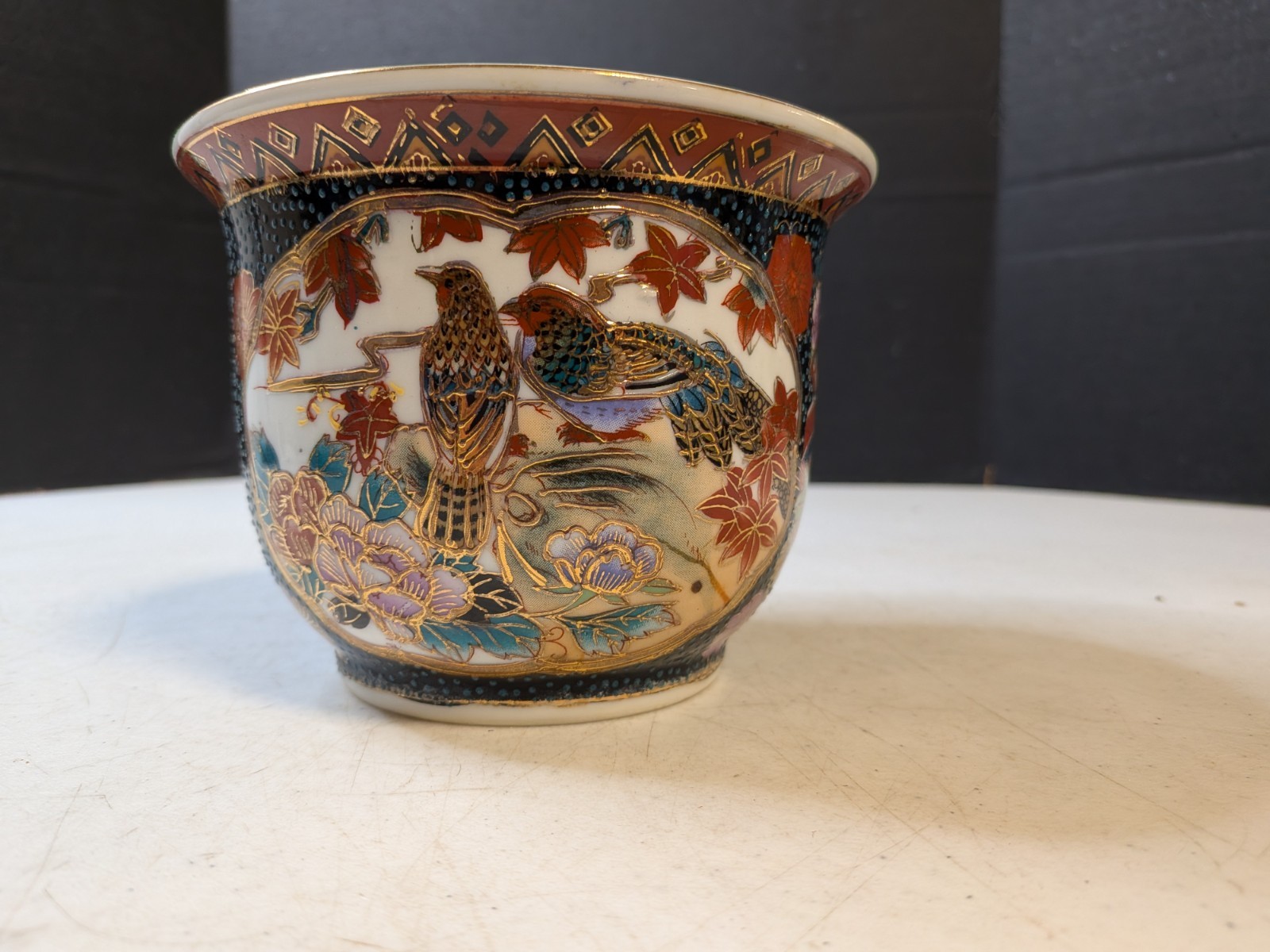 Vintage Oriental Planter Pot Hand Painted Birds Flowers Made in China 4