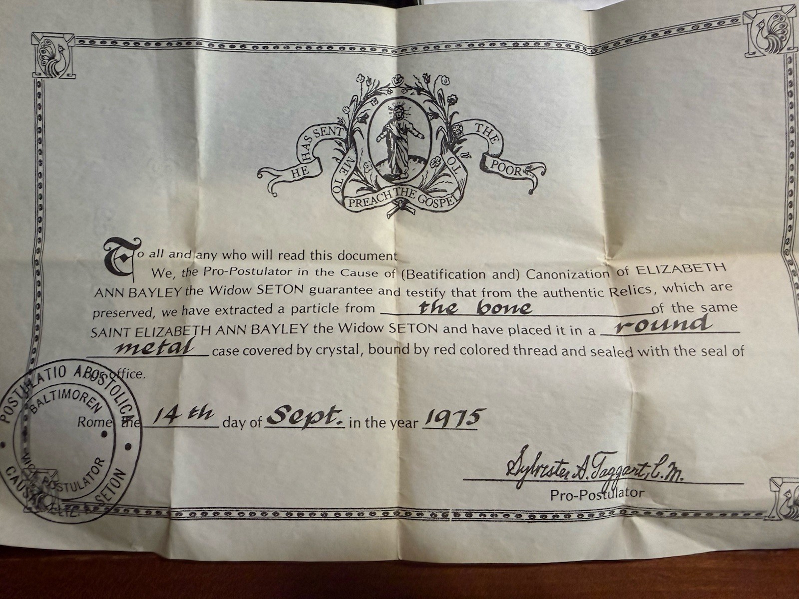 Certificate of Authenticity 14 September 1975 St Elizabeth Seaton
