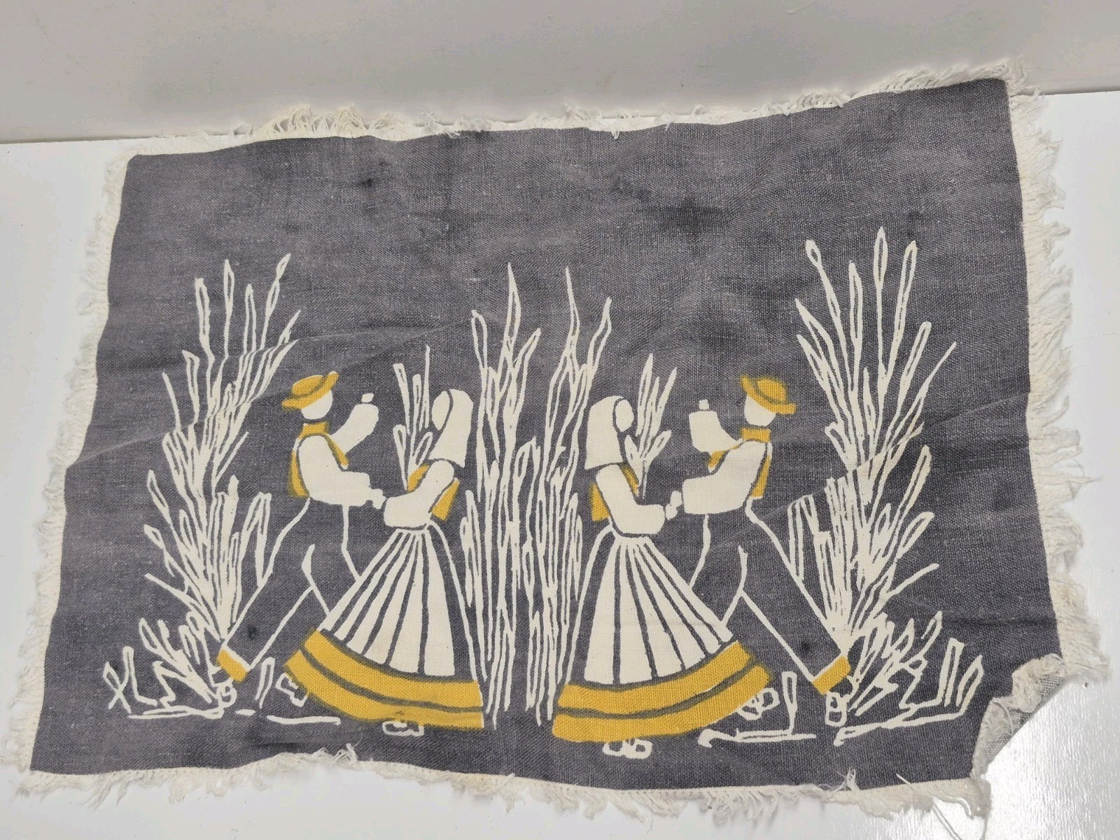 Vintage LIV HASSEL folk art Amish scene textile wall art linen MCM 