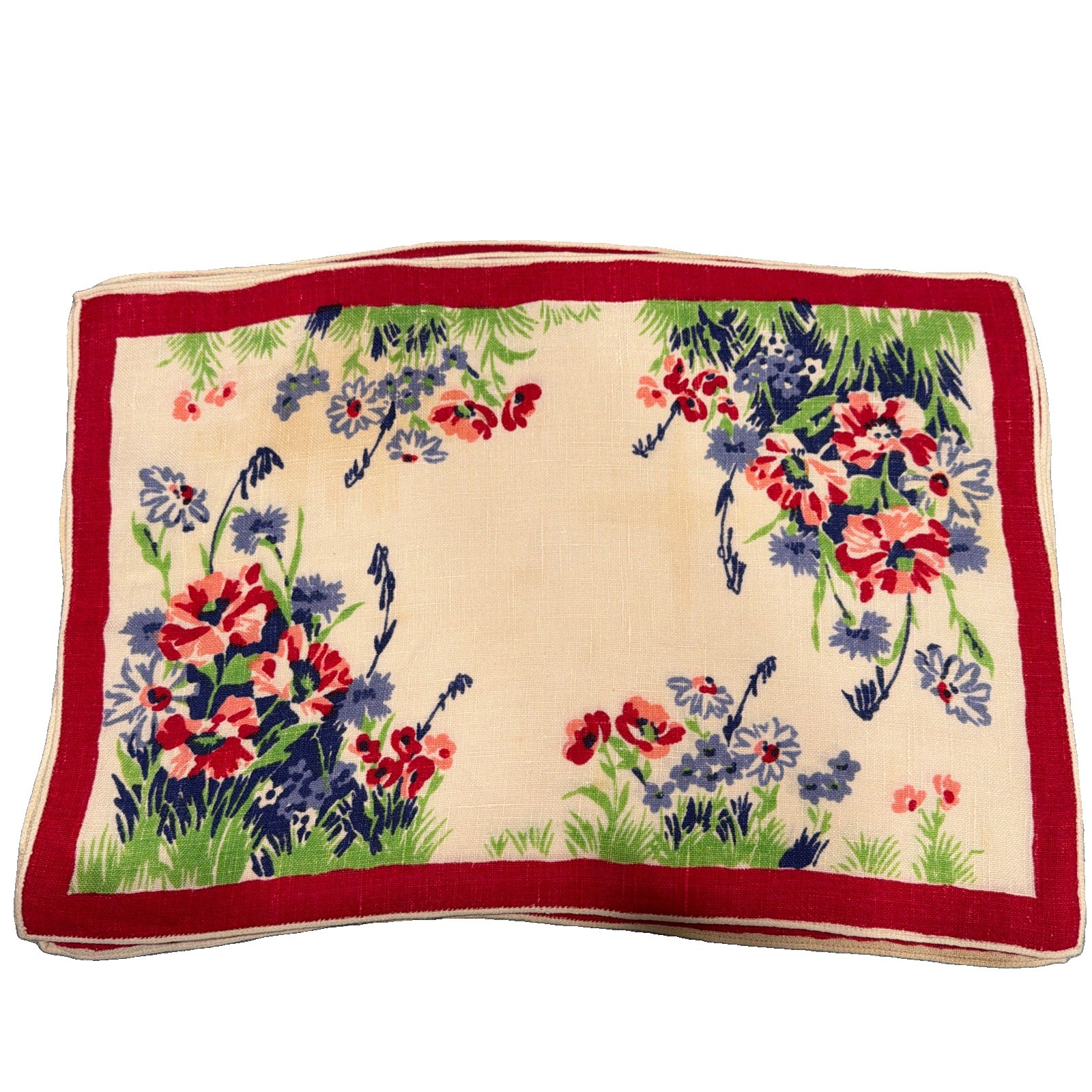 Vintage Floral Placemats Set of 5 Red Border Cottage Garden Table Linens Cotton
