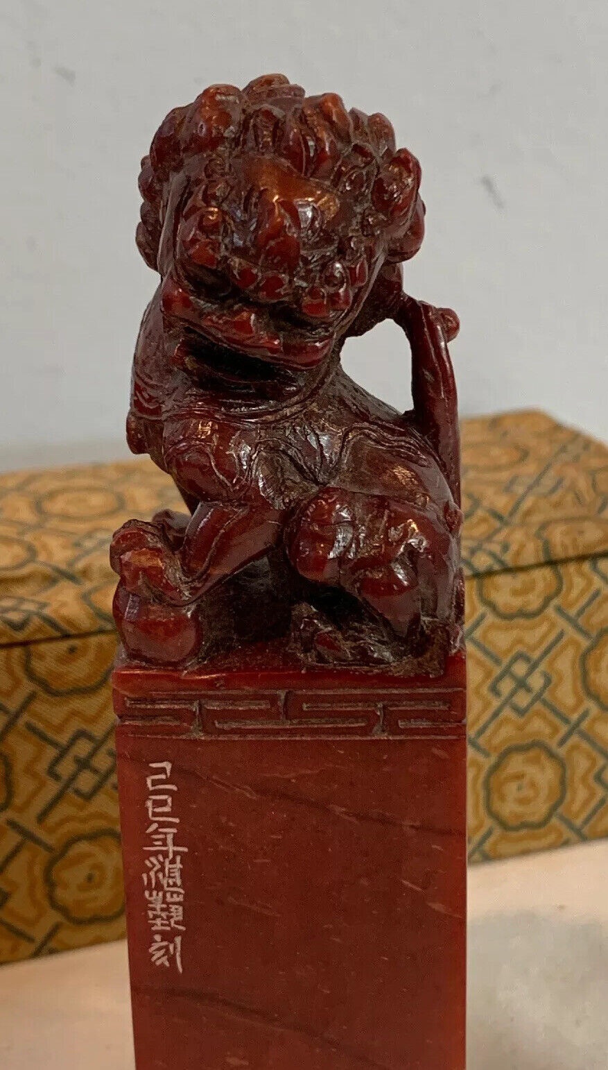 Vintage Chinese Carved Stone Stamp With Foo Dog Guardian Lion Orig Ink Pad & Box
