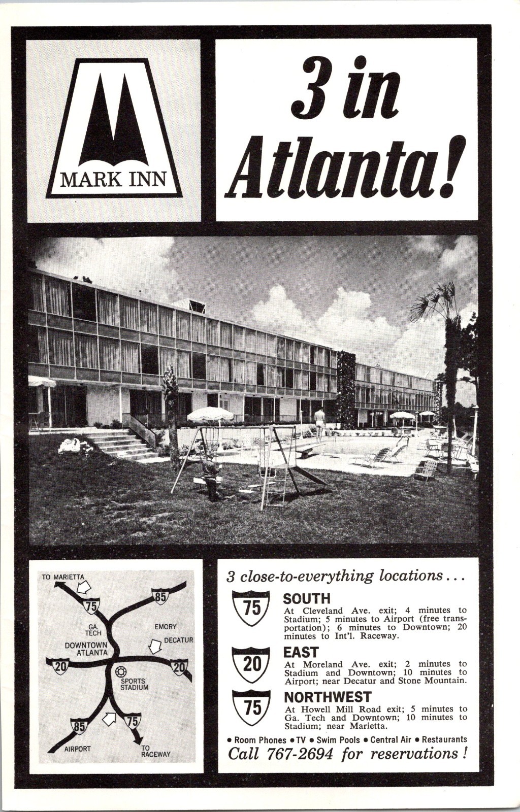 Mark Inn 3 In Atlanta Room Phones TV Swim Pools Restaurants 1966 GA Ad TAK2-3