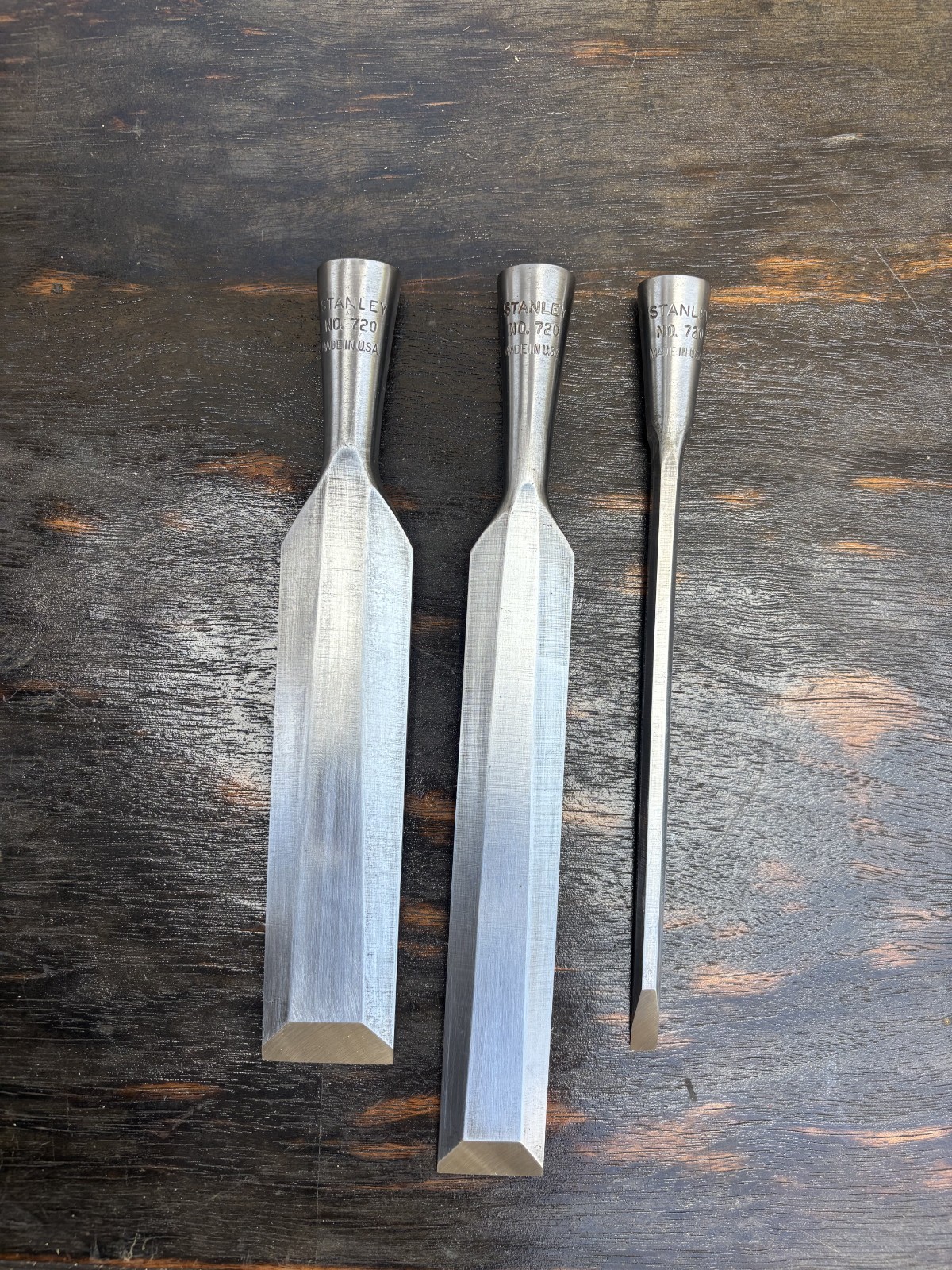 (3) Vintage Stanley No.720 Socke Firmer Chisels, 1/4\