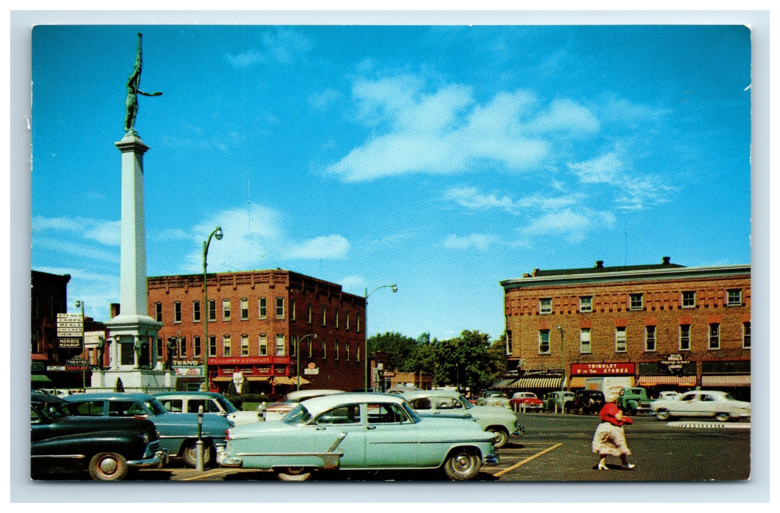 Postcard City Square Monument Angola Indiana Theatre Drug Store c1950s Old Cars