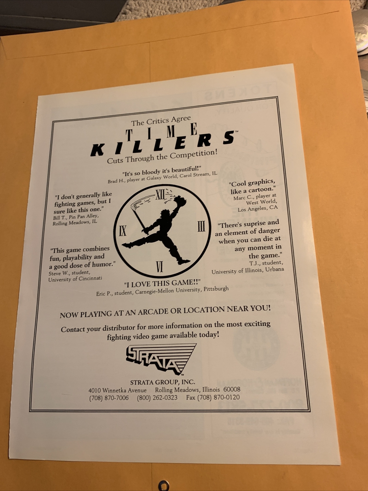 Original 11-8 1/4\'\' Time killers Strata black and white arcade game FLYER AD Original 11-8 1/4\'\' Time killers Strata black and white arcade game FLYER AD