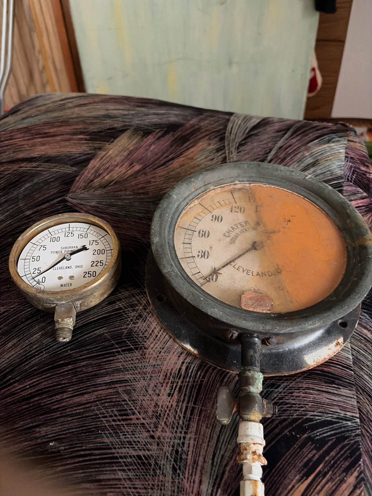 2 vintage steam gauges for steampunk brass 3 inch no glass+5 inch glass face gd 