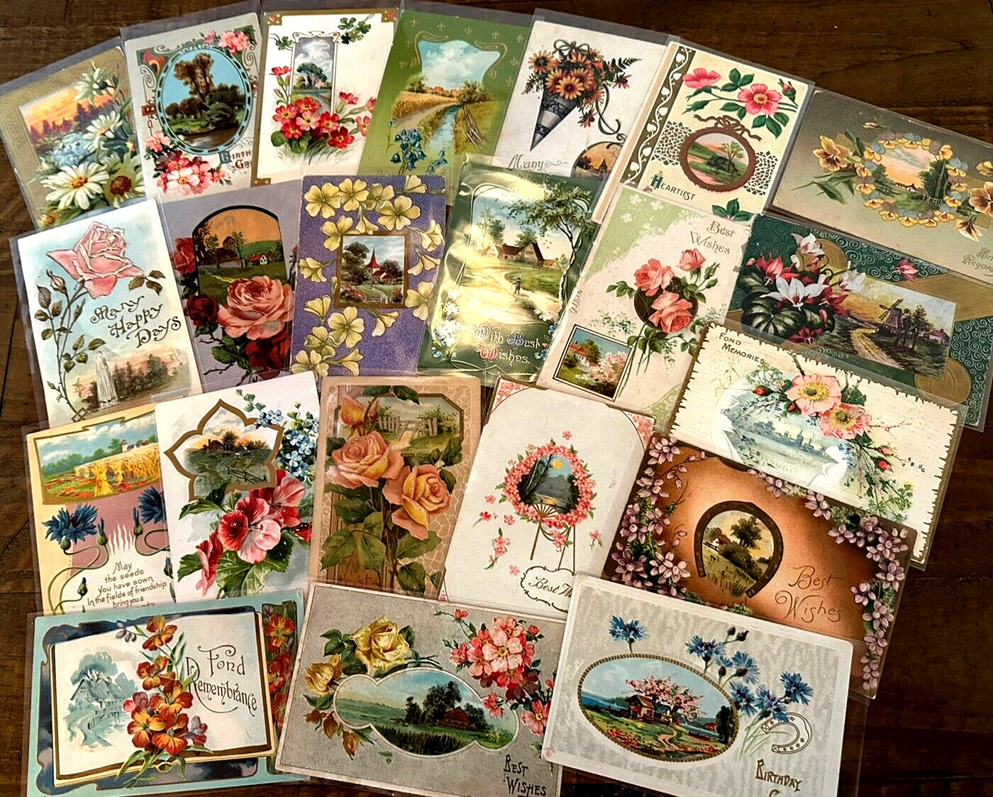 ~Lot of 23 Antique Scenes & Flowers~ Floral Greetings Postcards-in sleeves-h621