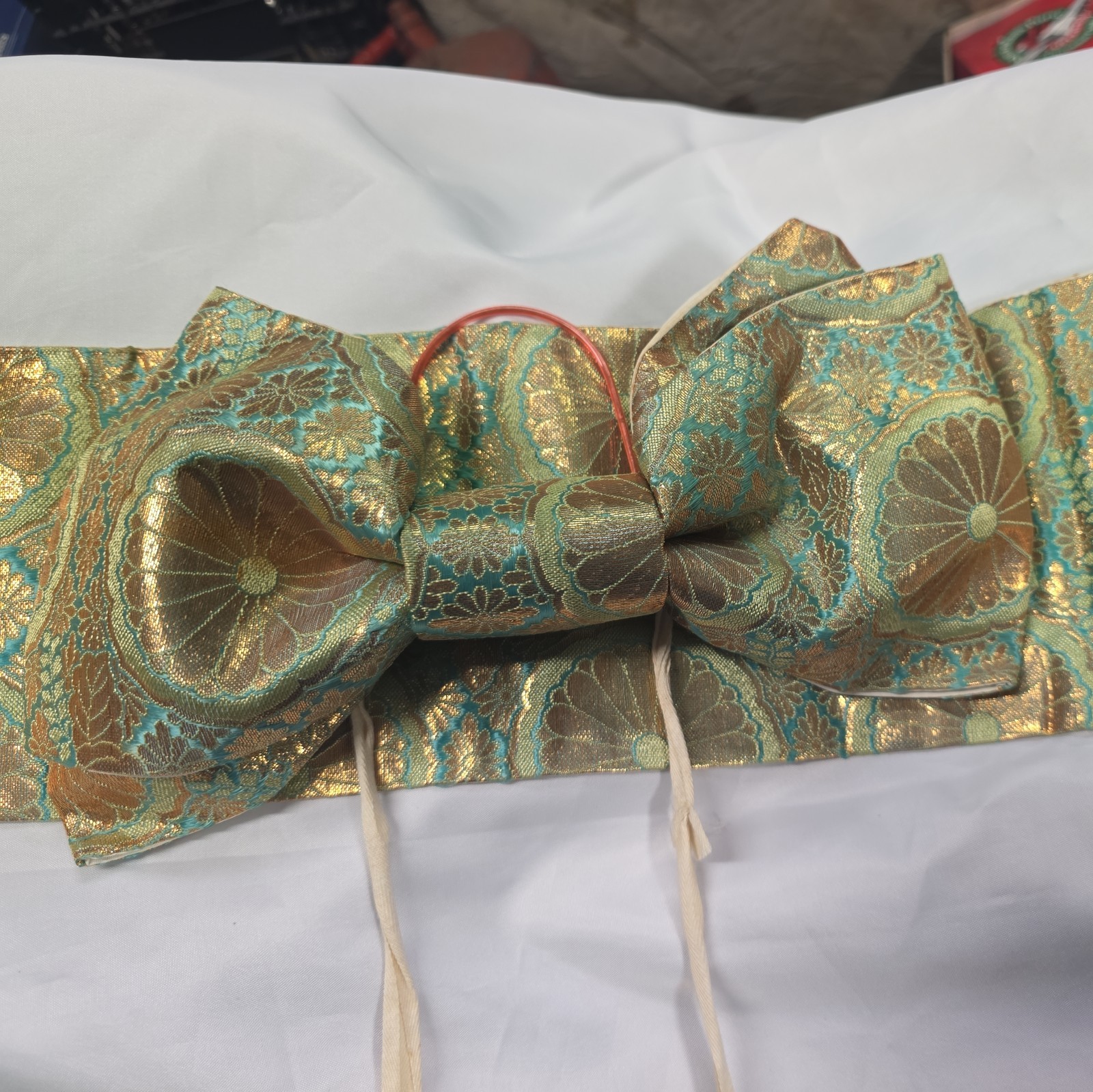 Vintage Authentic Japanese Kimono Belt & Obi Bow metallic silk Traditional Sash