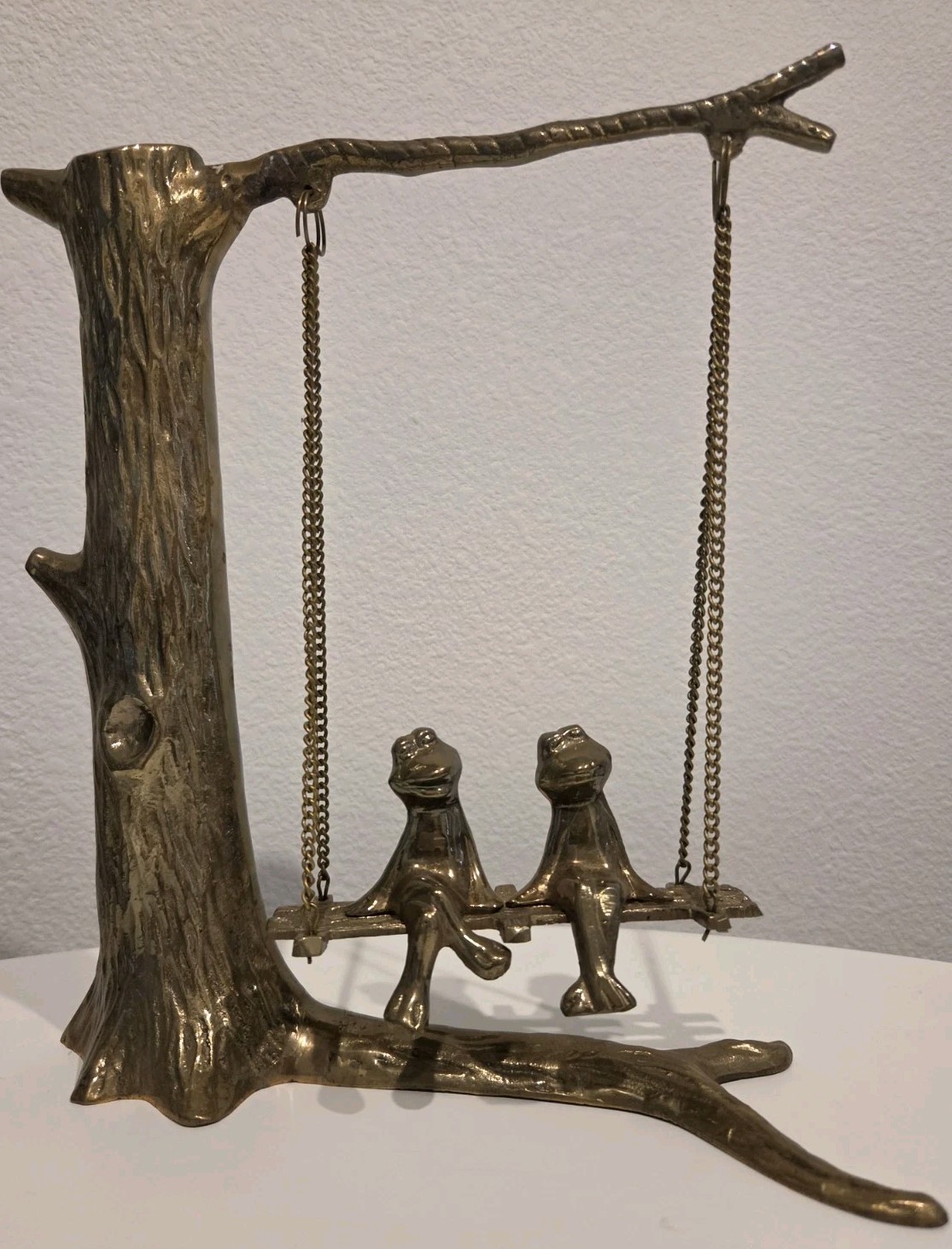 Vintage Brass Love Frogs On Tree Swing Sculpture Figurine 