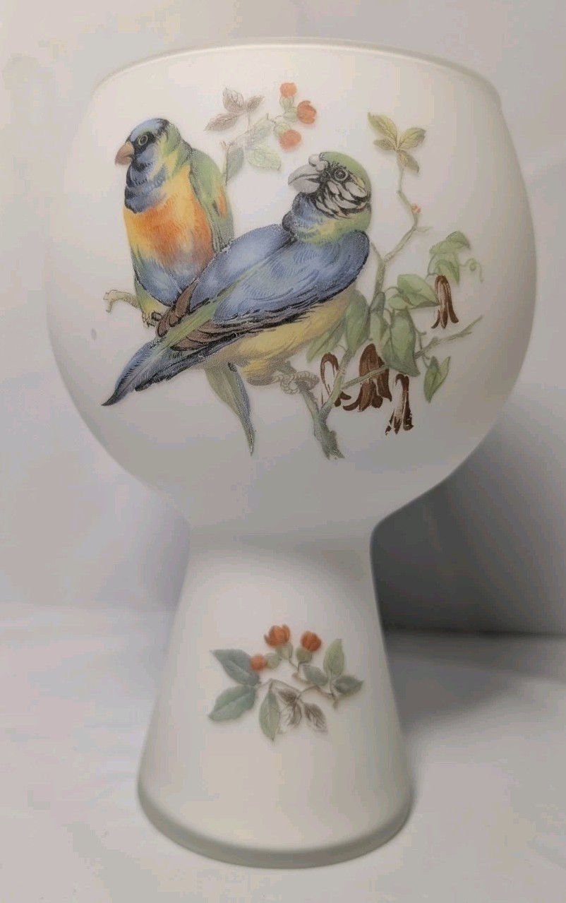 Vintage Norleans Frosted Satin Glass Vase Birds Floral Hand painted 1960 Vintage Norleans Frosted Satin Glass Vase Birds Floral Hand painted 1960